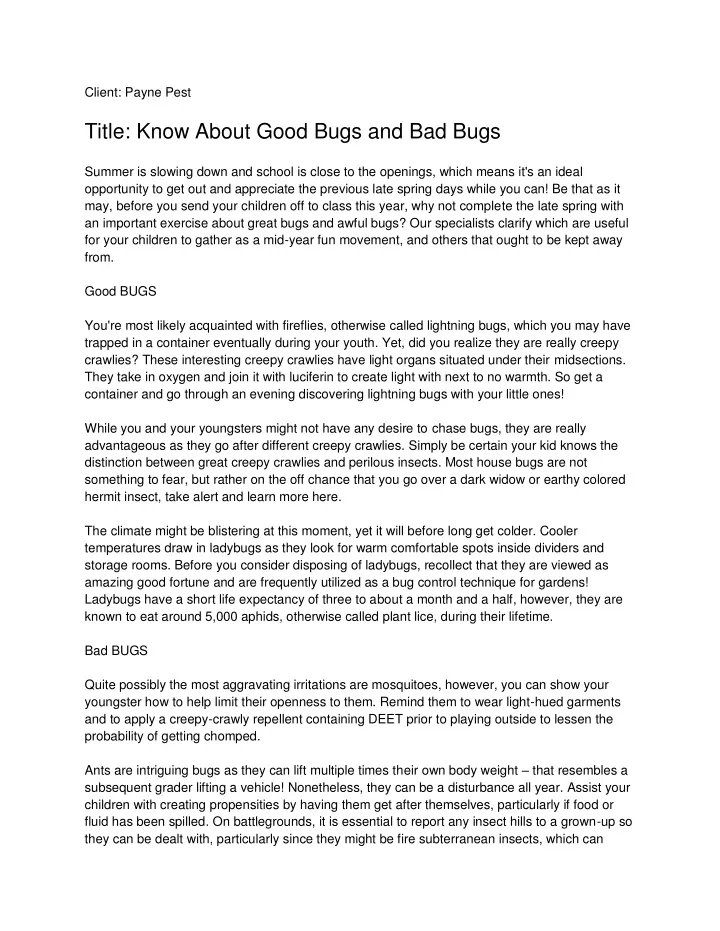 client payne pest title know about good bugs