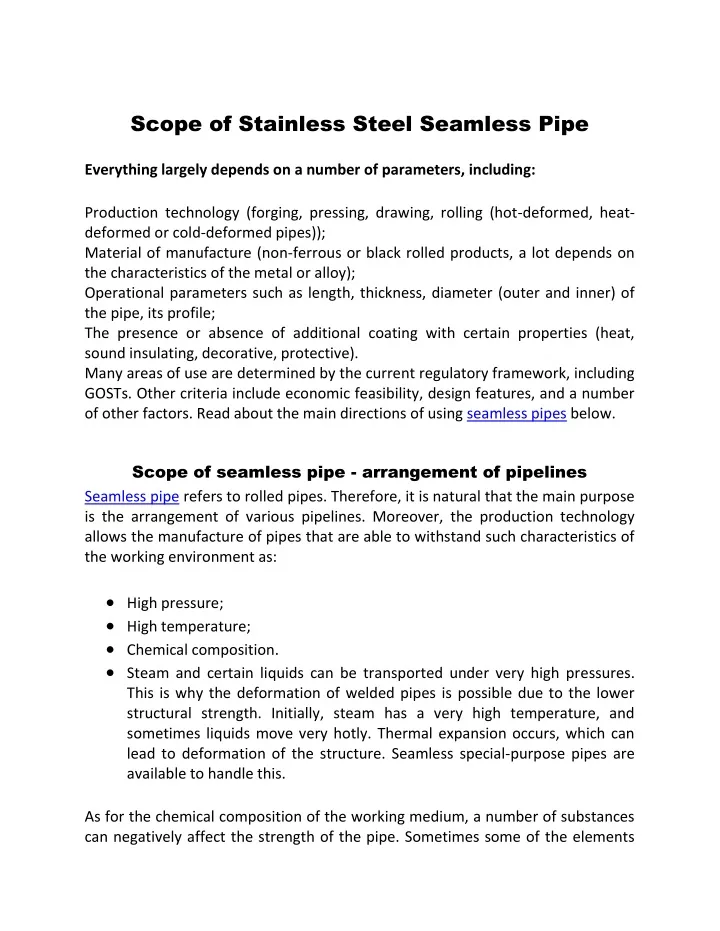 scope of stainless steel seamless pipe
