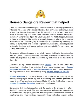 Housso Bangalore Review that helped