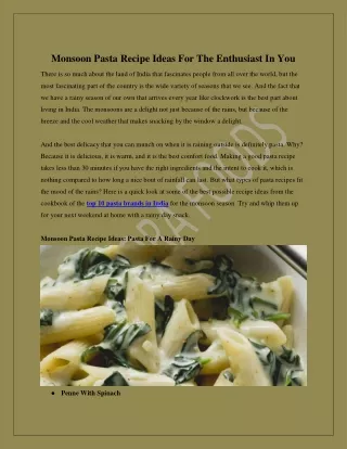 Monsoon Pasta Recipe Ideas For The Enthusiast In You