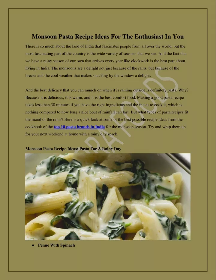 monsoon pasta recipe ideas for the enthusiast