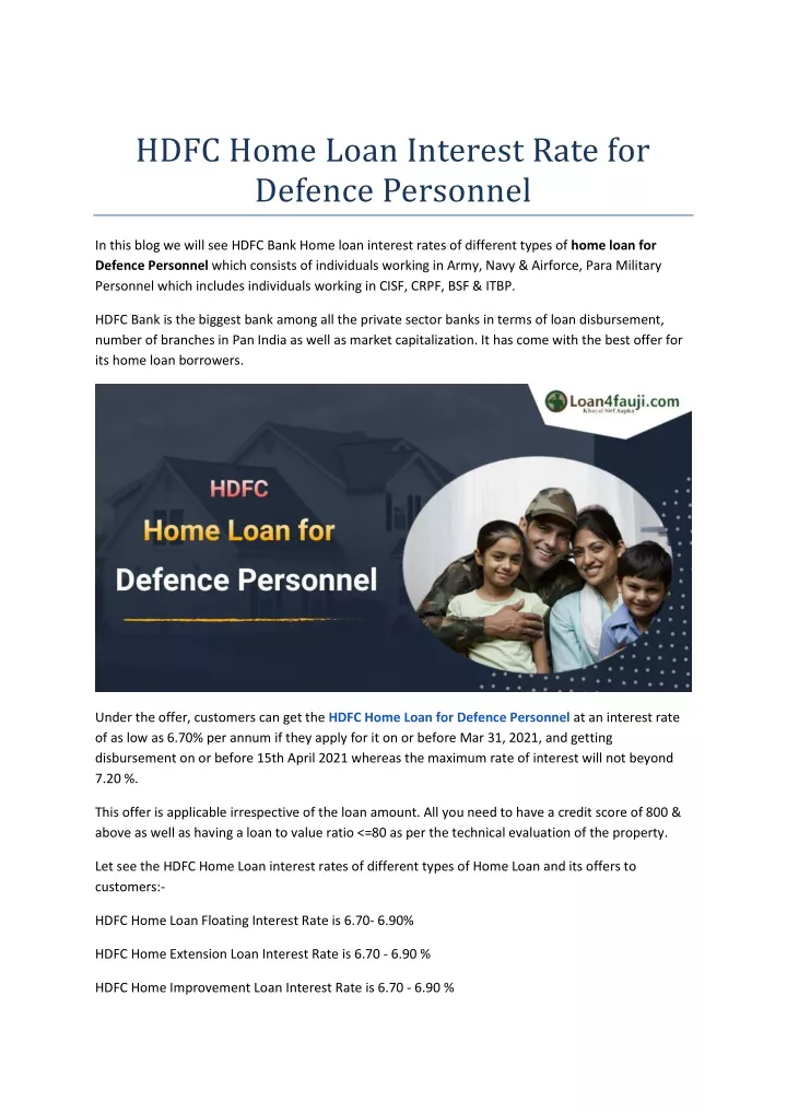 hdfc home loan interest rate for defence personnel