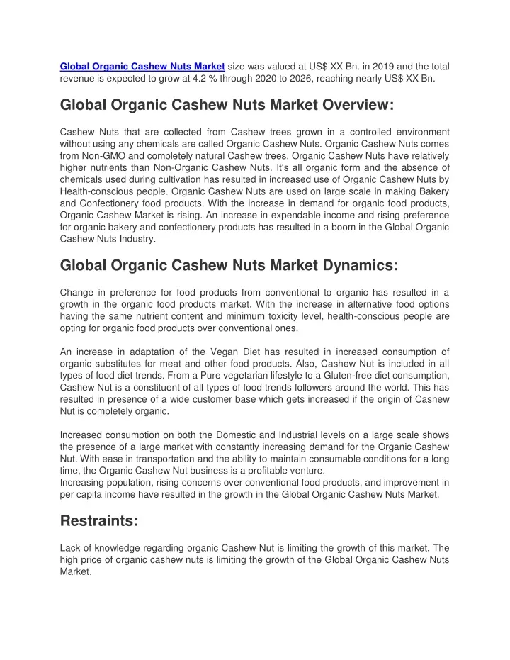global organic cashew nuts market size was valued
