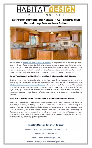 Bathroom Remodeling Nassau – Call Experienced Remodeling Contractors Online