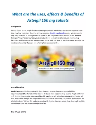 What are the uses, effects & benefits of Artvigil 150 mg tablets