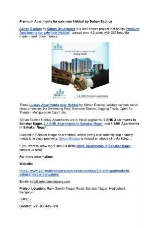Premium Apartments for sale near Hebbal by Sohan Exotica