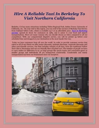 Hire A Reliable Taxi In Berkeley To Visit Northern California