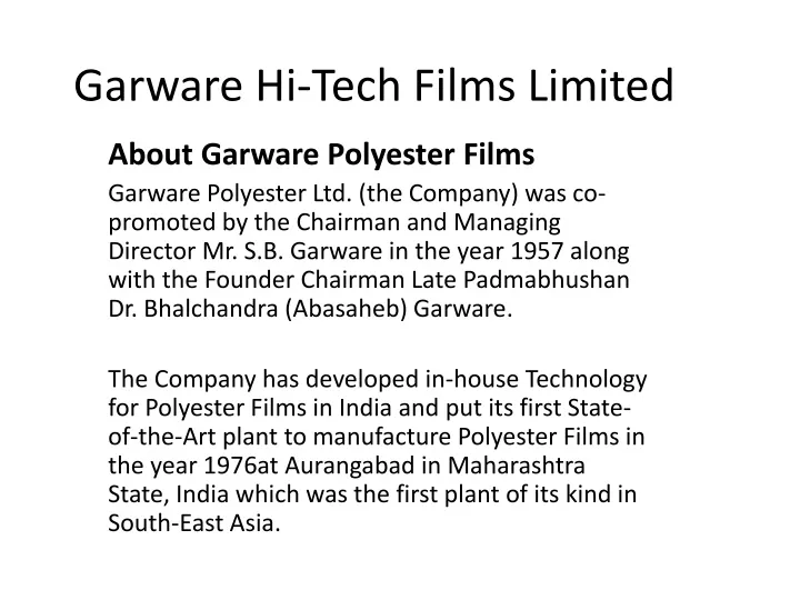 garware hi tech films limited