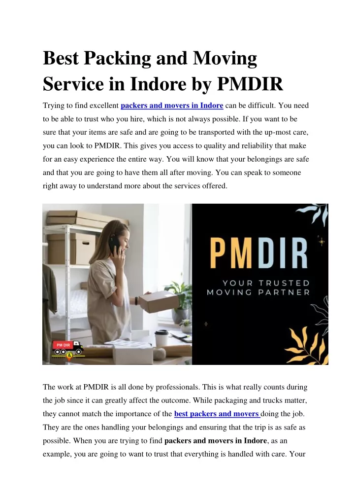 best packing and moving service in indore by pmdir