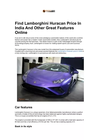 Find Lamborghini Huracan Price In India And Other Great Features Online