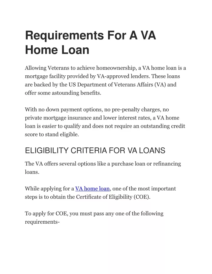 requirements for a va home loan