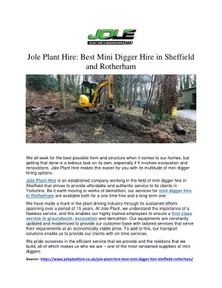Jole Plant Hire: Best Mini Digger Hire in Sheffield and Rotherham
