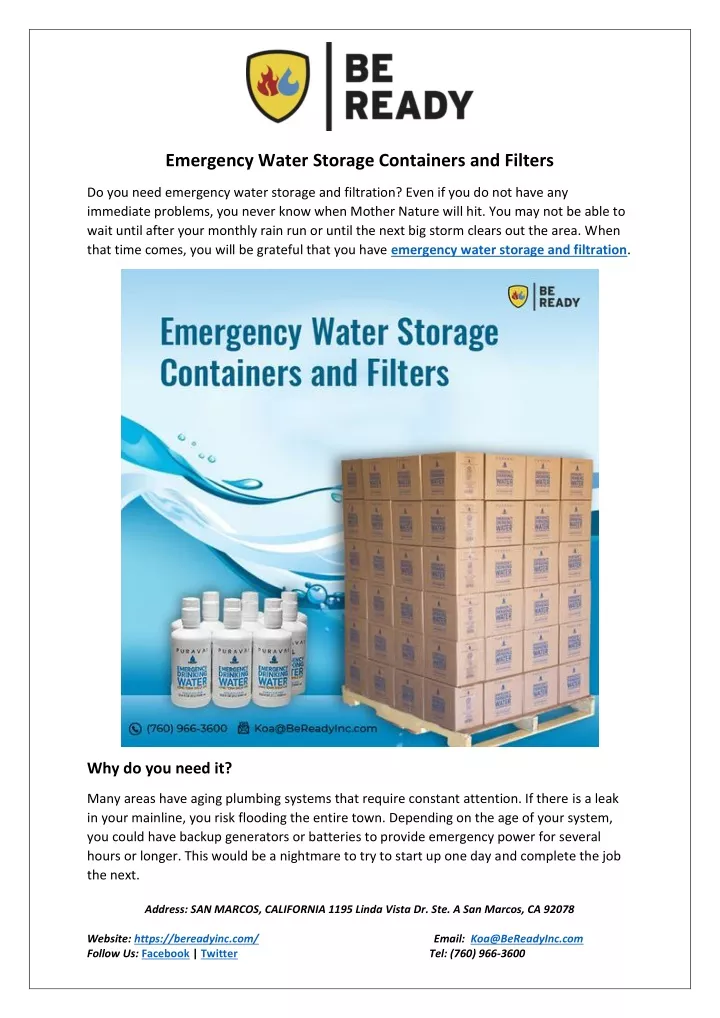 emergency water storage containers and filters