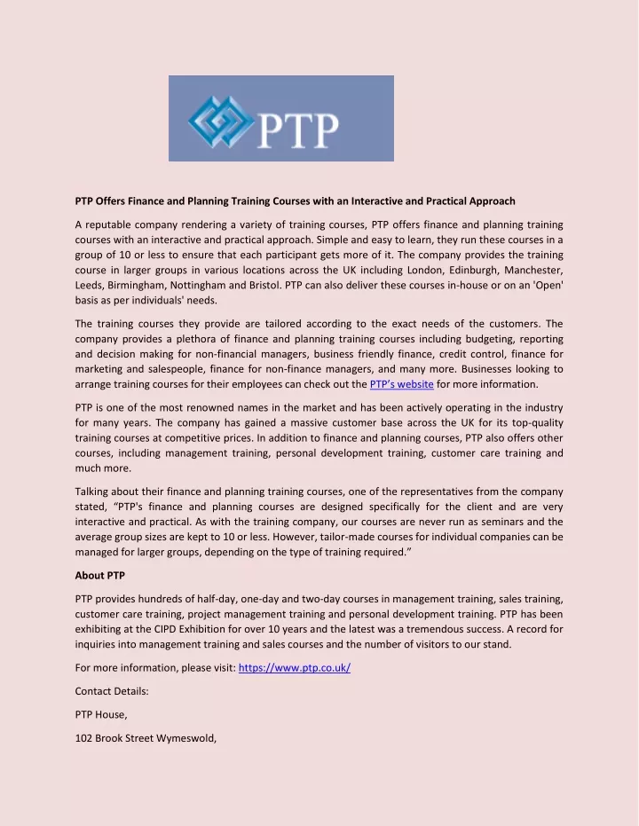 ptp offers finance and planning training courses