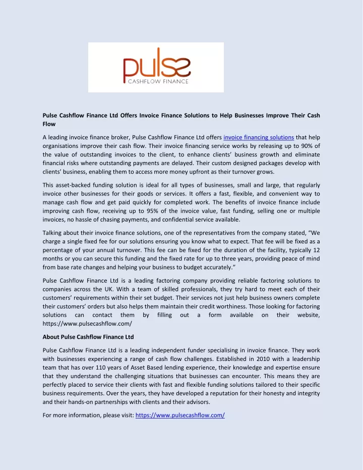 pulse cashflow finance ltd offers invoice finance