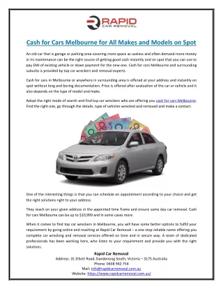 Cash for Cars Melbourne for All Makes and Models on Spot