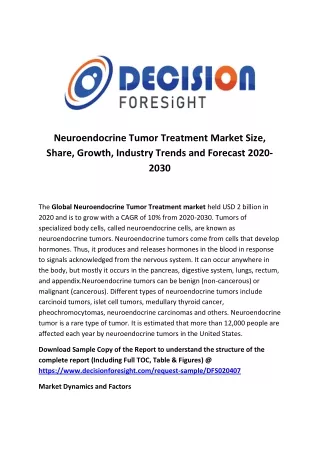 Neuroendocrine Tumor Treatment Market to Increase Exponentially During 2020-2030
