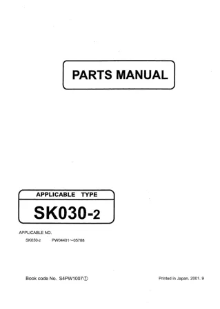Kobelco SK030-2 Mini Excavator Parts Catalogue Manual (SN PW04401 to 05788)