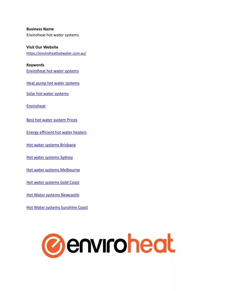 business name enviroheat hot water systems visit