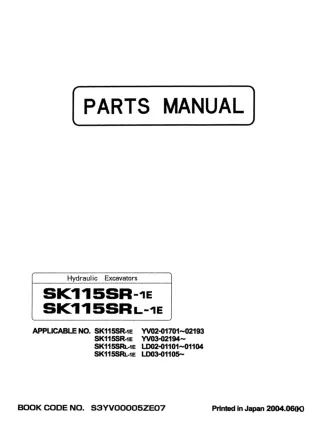 Kobelco SK115SR-1E Crawler Excavator Parts Catalogue Manual SNYV03-02194 and up