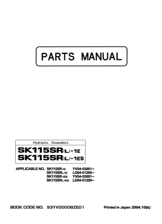 Kobelco SK115SR-1ES Crawler Excavator Parts Catalogue Manual SN YV04-03001 and up