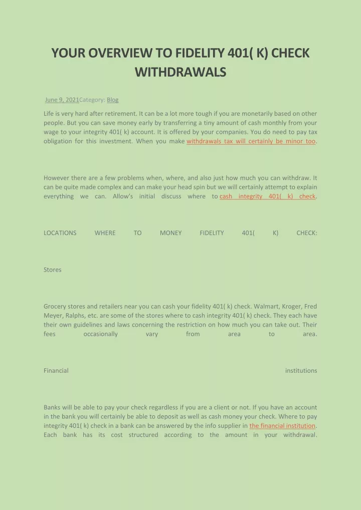 your overview to fidelity 401 k check withdrawals