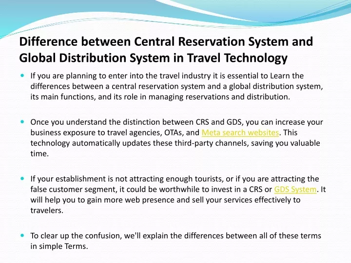 difference between central reservation system and global distribution system in travel technology