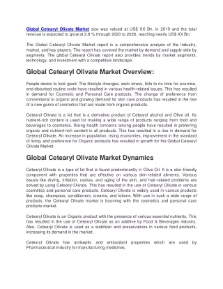 Cetearyl Olivate Market size was valued at US