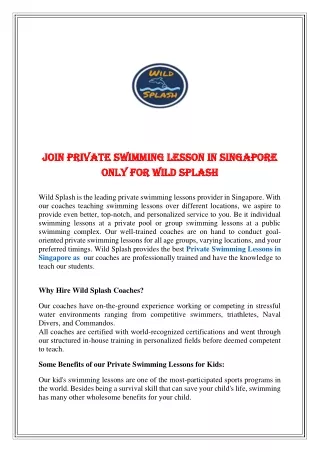 Private Swimming Lessons in Singapore