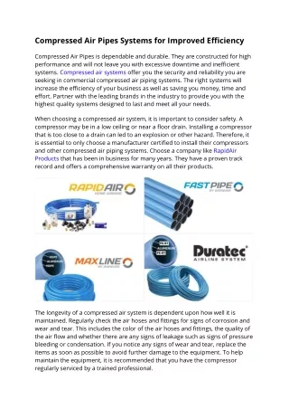 RapidAir Products - Compressed Air Pipes Systems for Improved Efficiency