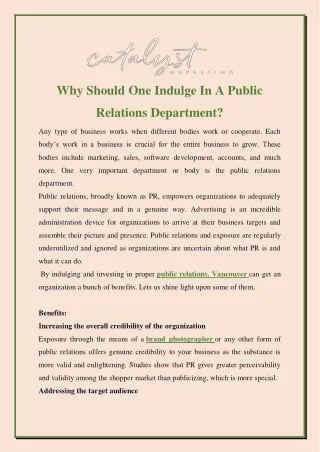 Why Should One Indulge In A Public Relations Department?