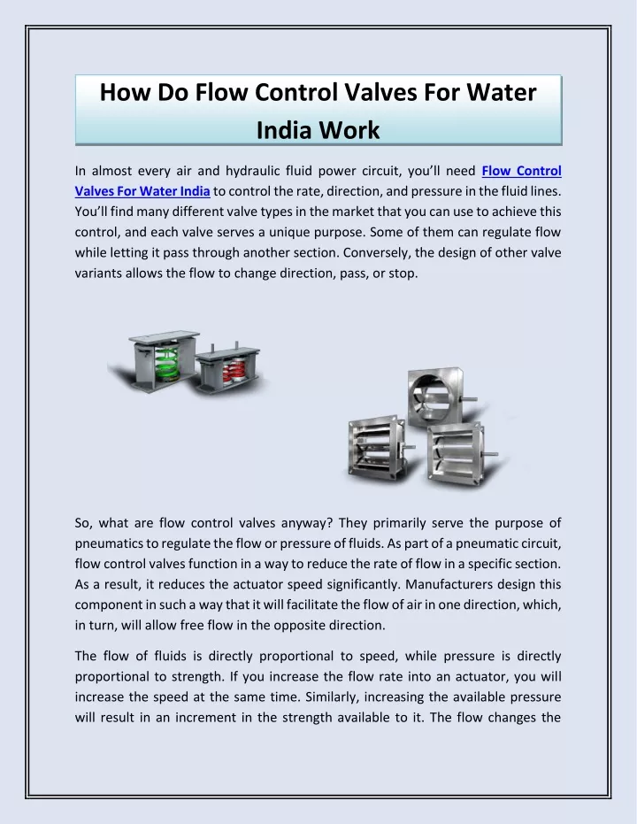 how do flow control valves for water india work