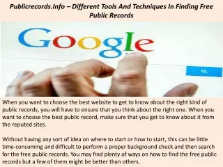 Publicrecords.Info – Different Tools And Techniques In Finding Free Public Records