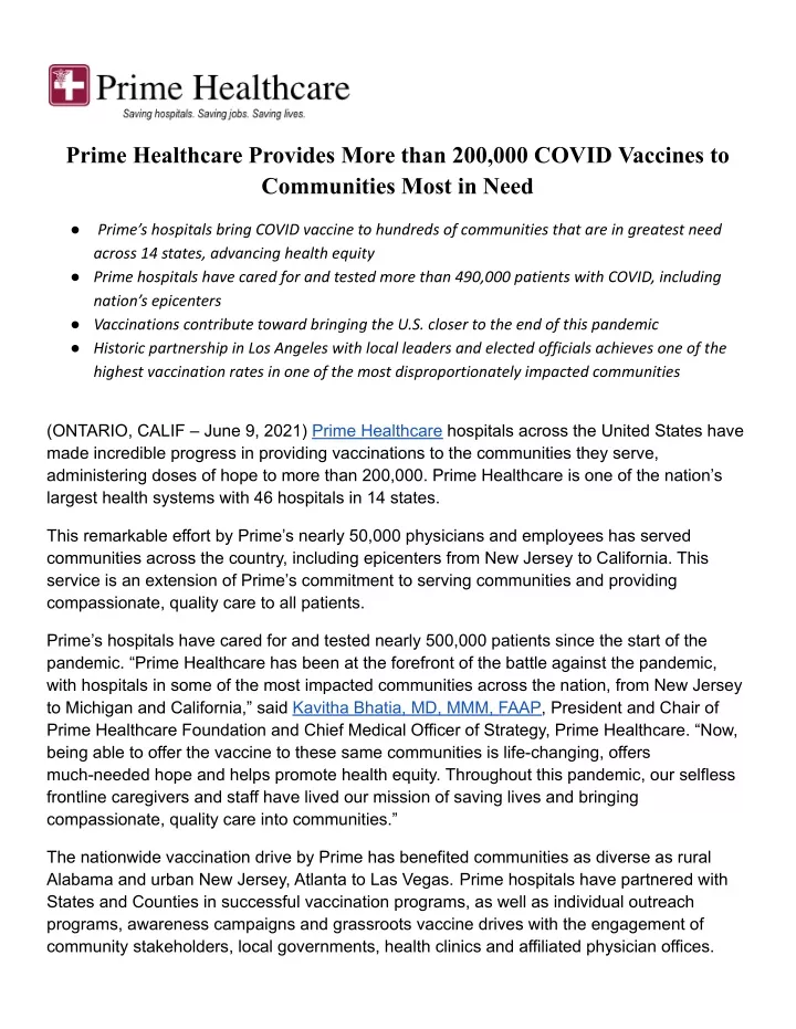 prime healthcare provides more than 200 000 covid