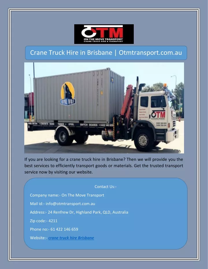 crane truck hire in brisbane otmtransport com au