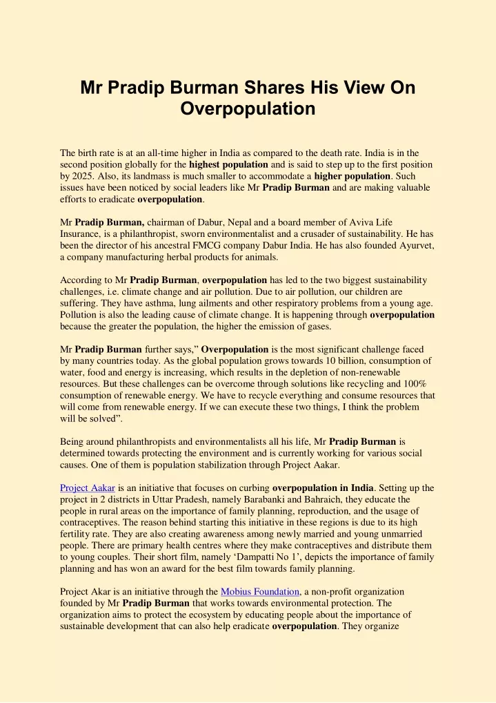 mr pradip burman shares his view on overpopulation