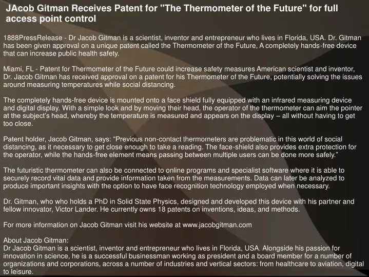 jacob gitman receives patent for the thermometer