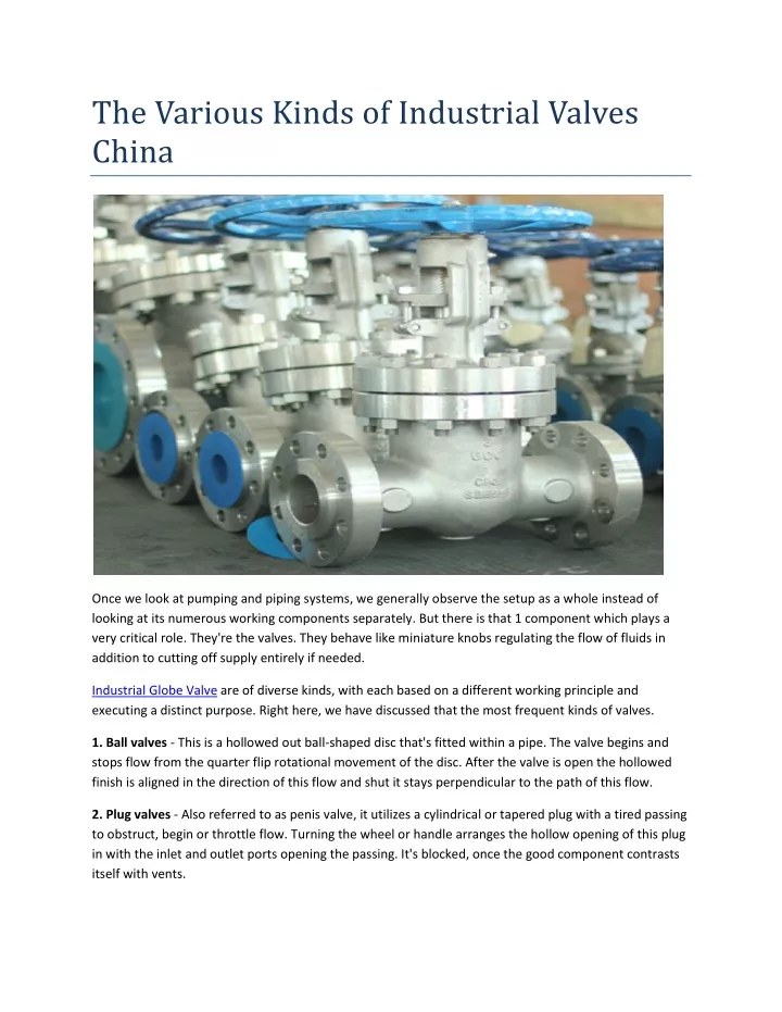 the various kinds of industrial valves china