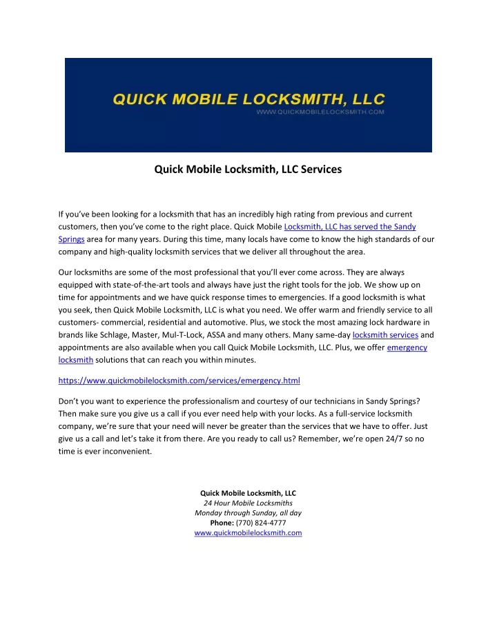 quick mobile locksmith llc services