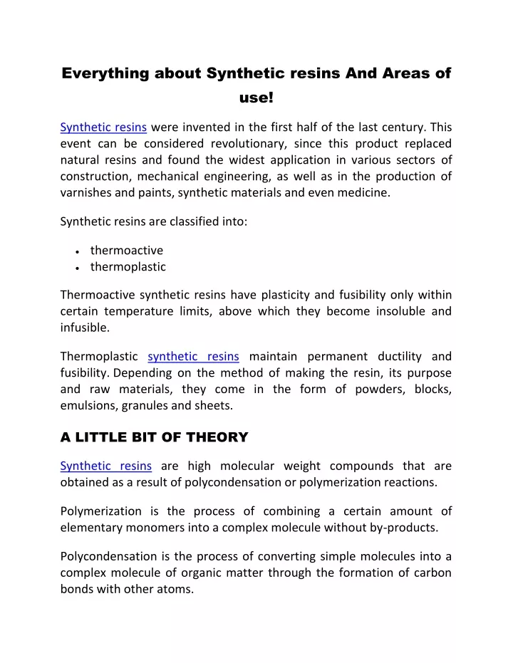everything about synthetic resins and areas of use