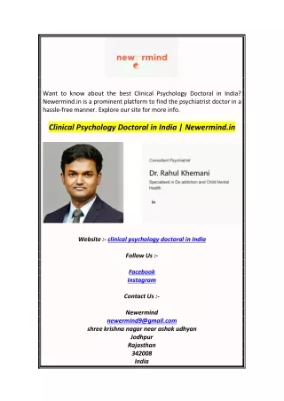 Clinical Psychology Doctoral in India  Newermind.in