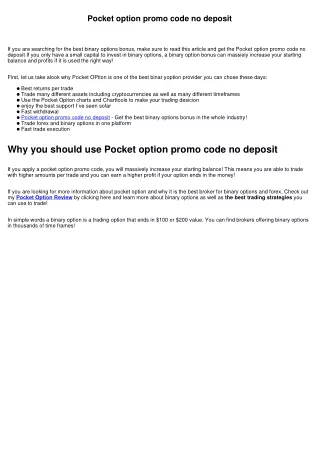 Pocket option promo code no deposit