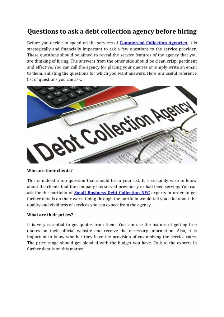 questions to ask a debt collection agency before