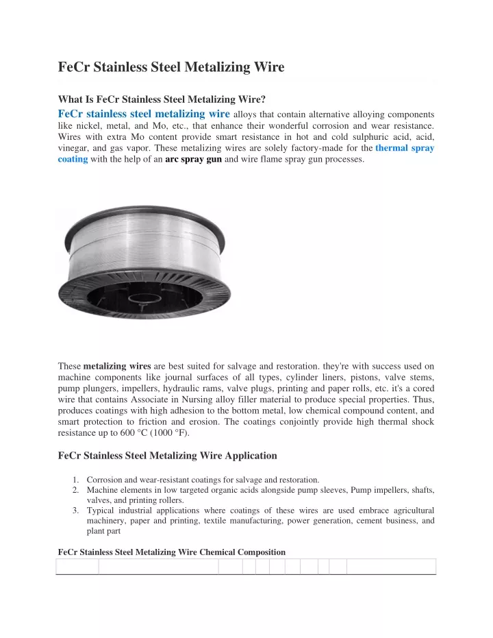 fecr stainless steel metalizing wire