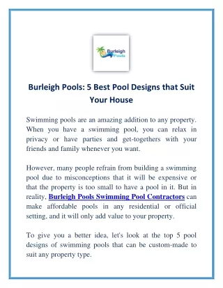 Burleigh Pools: 5 Best Pool Designs that Suit Your House