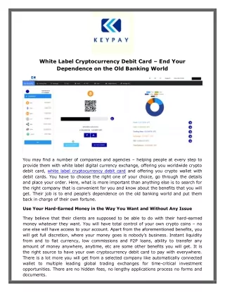 White Label Cryptocurrency Debit Card – End Your Dependence on the Old Banking World