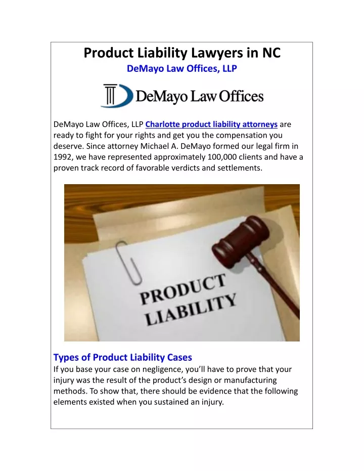 product liability lawyers in nc demayo
