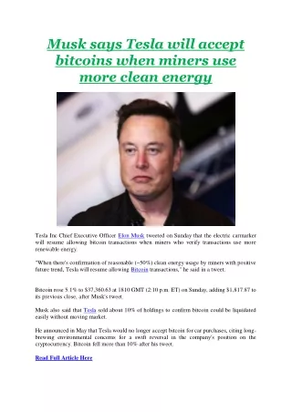 musk says tesla will accept bitcoins when miners
