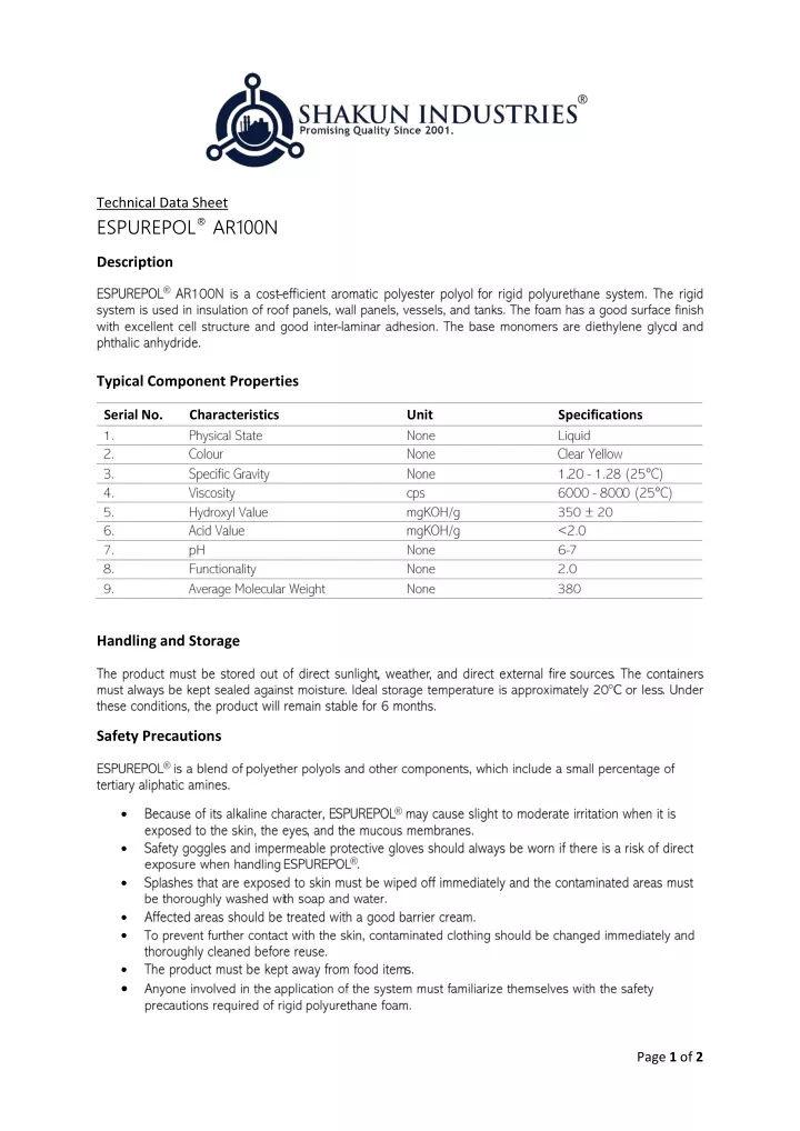 technical data sheet espurepol ar100n