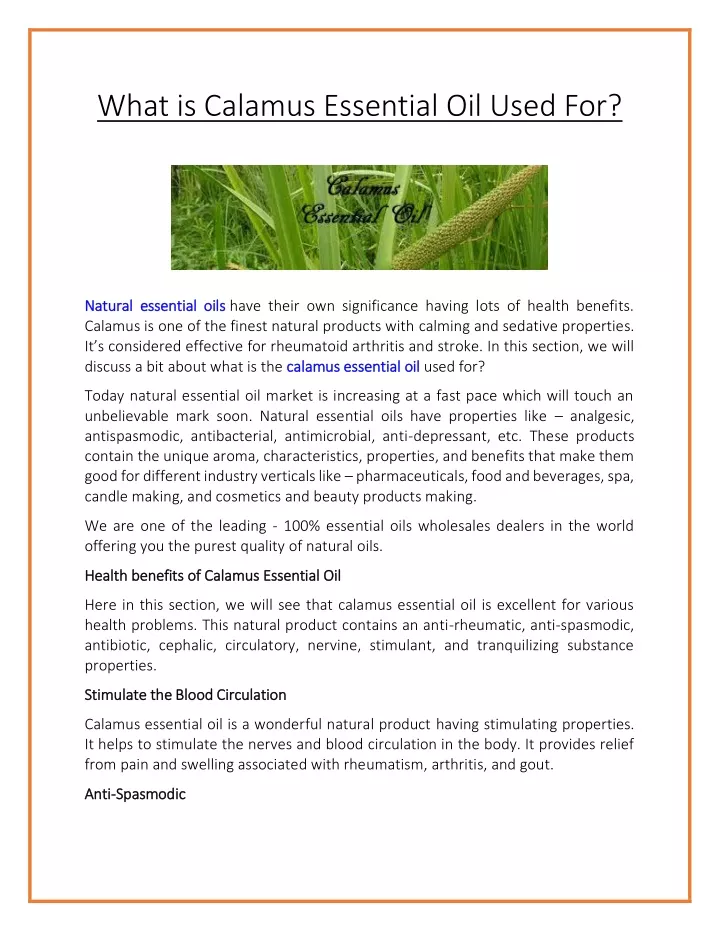 what is calamus essential oil used for